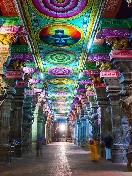 A gopuram rising over the temple town of Madurai.