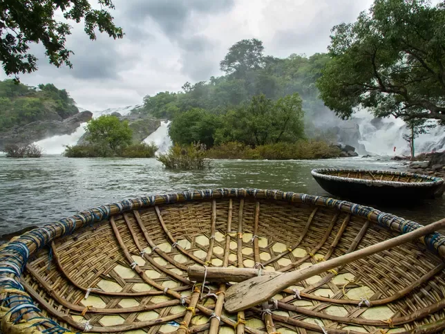 A coracle drawn up on a river island.