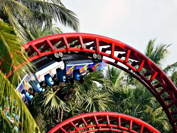 A park ride against palms, the shape of a school day out.