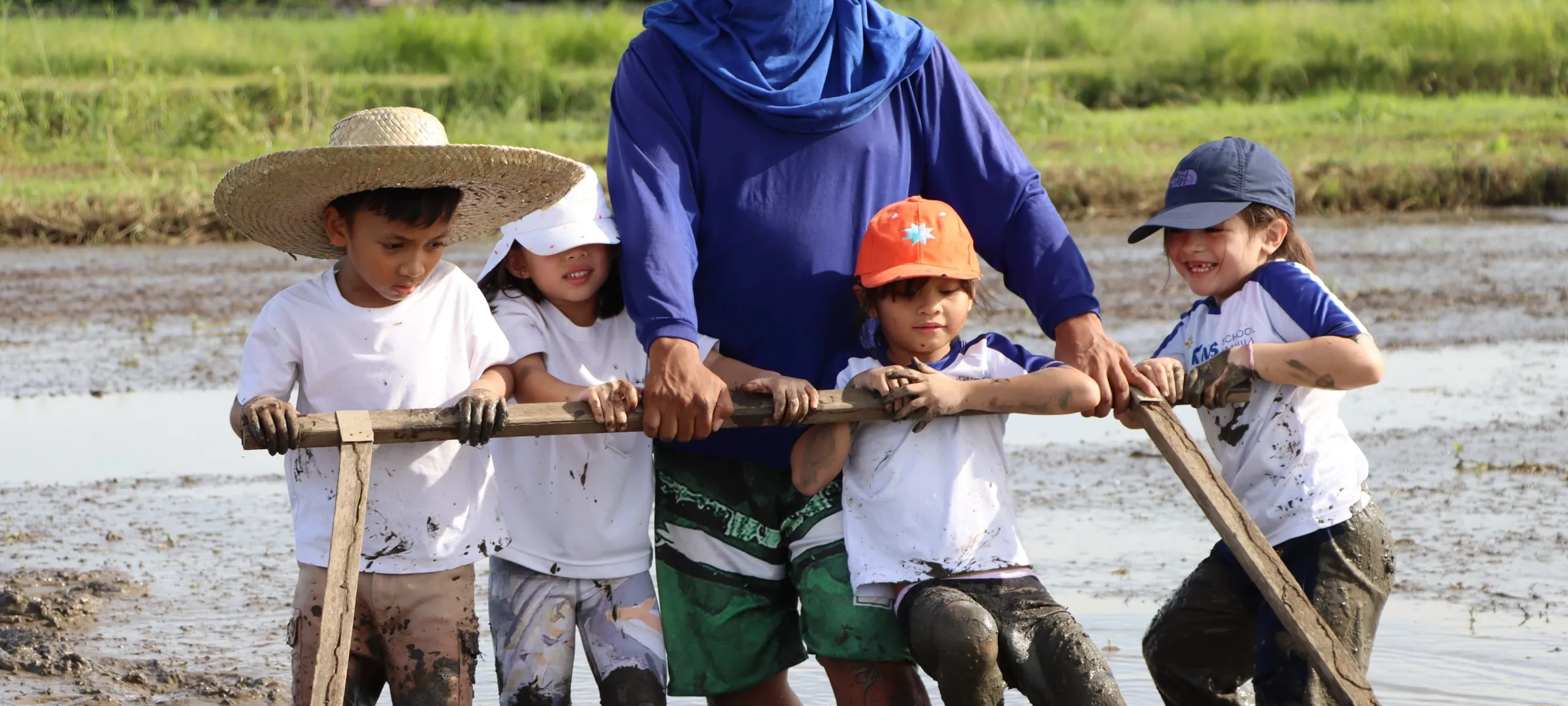 Schoolchildren working a paddy alongside the person who farms it.