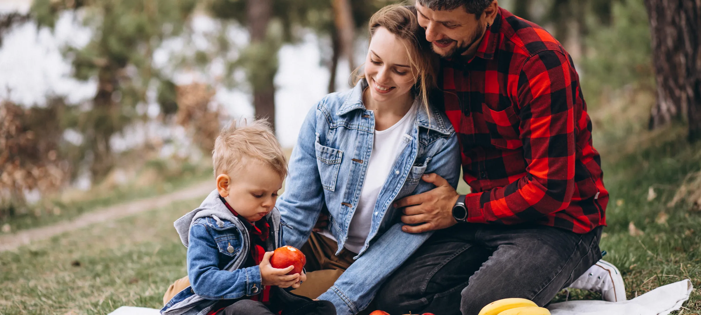 A family group spread out on the grass in a wooded park.
