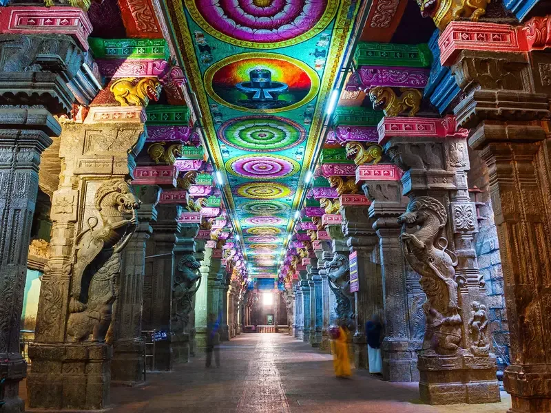 A gopuram rising over the temple town of Madurai.
