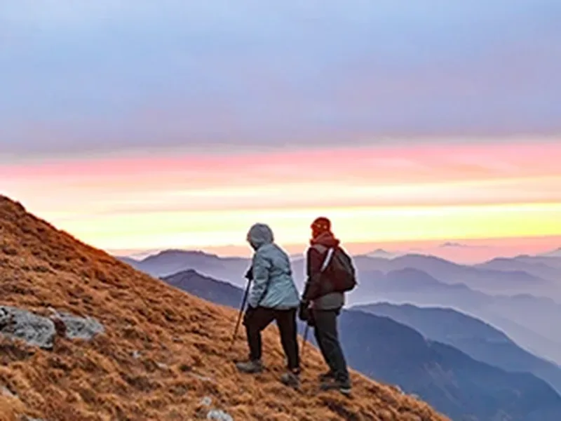 A graded trail in the Annapurna foothills, the shape of a school trek.