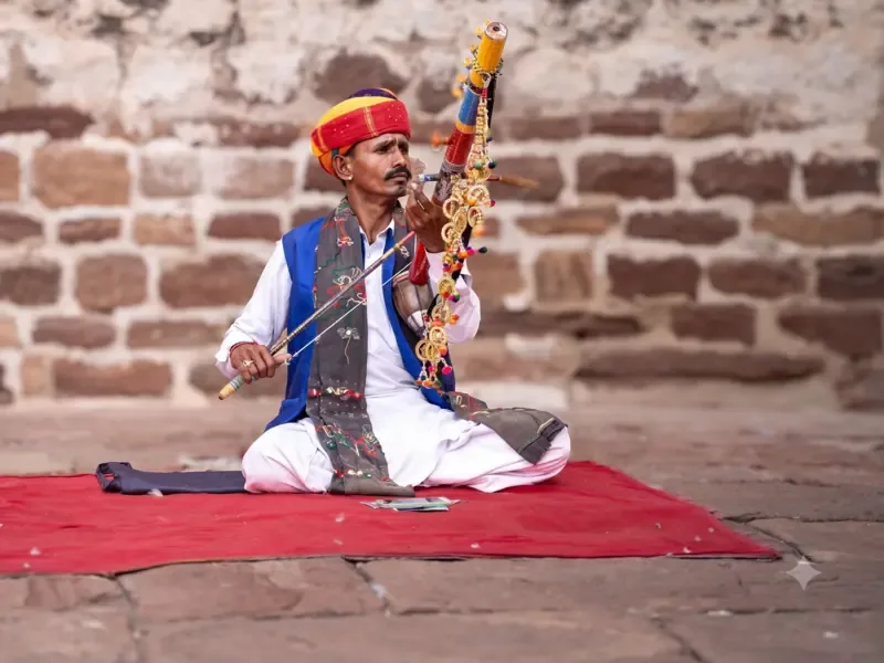 A fort wall and desert town in Rajasthan.