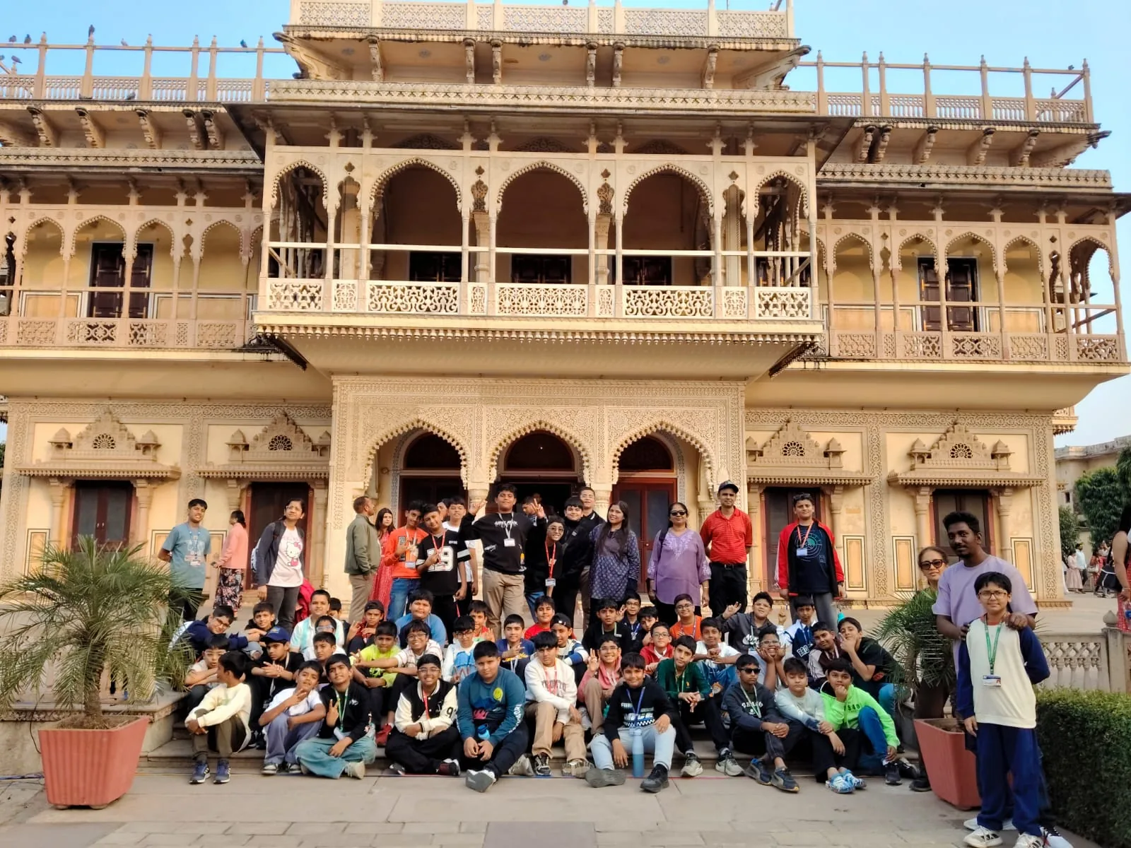 A Destinationz 360 school group photographed together outside a Rajasthan palace.